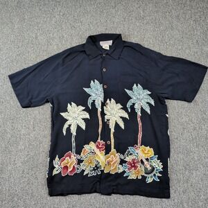 Back East Vintage Aesthetic Hawaiian Shirt Medium Black Palm Tree Ukulele Rayon